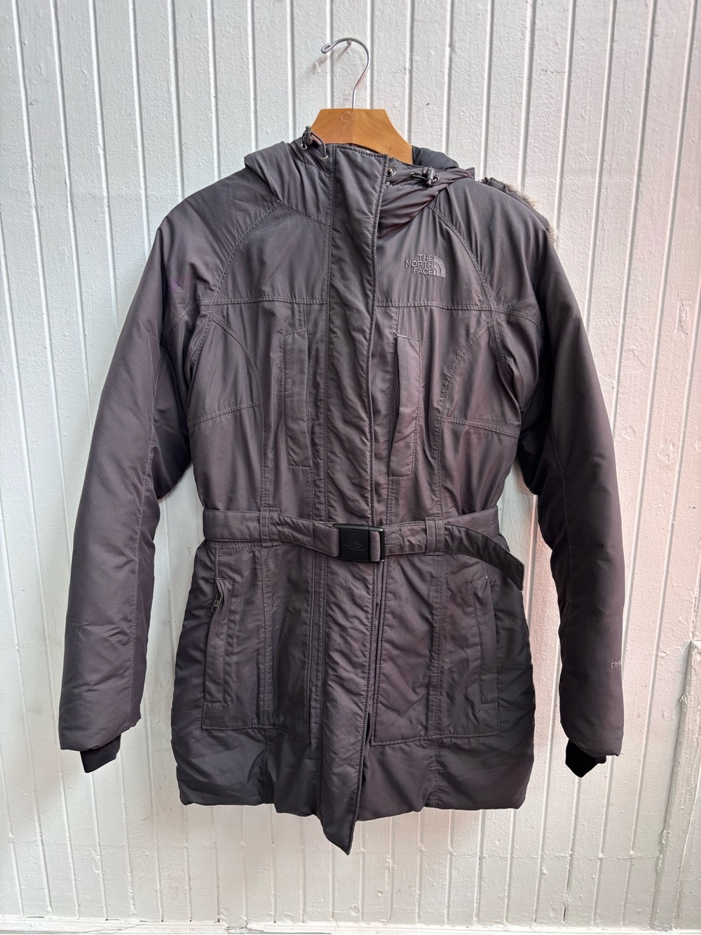 The North Face Women's Dark Gray Hooded Belted Puffer Coat